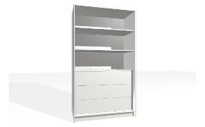 Spinta su viena dalimi. Korpusas yra su nuleistais šonais. Viduje yra apatinė dalis su stalčių bloku (vidiniai stalčiai su guoliniais bėgeliais) ir viršuje reguliuojamos lentynos. Stal...