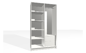 Spinta su vertikalia pertvara. Korpusas yra su nuleistais šonais. Kairiojoje pusėje reguliuojamos lentynos. Dešiniojoje pusėje stalčių blokas (vidiniai stalčiai su guoliniais bėgeliais) ir vi...