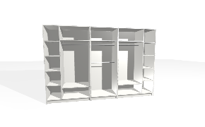 Trijų modulių spintos miegamajam – pritaikomos spintos sprendimai. Modulis 1: individuali spinta. Korpusas yra su nuleistais šonais. Viduje yra pasirinktinės padėties vertikali pertvara. Kairiojoje pusėje reguliuojamos lentynos...