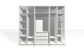 Trijų modulių spintos miegamajam – pritaikomos spintos sprendimai. Modulis 1: individuali spinta. Korpusas yra su nuleistais šonais. Viduje yra pasirinktinės padėties vertikali pertvara. Kairiojoje pusėje reguliuojamos lentynos...