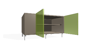 Virtuvės apatinė kairioji kampinė spintelė su reguliuojamomis lentynomis. 