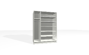 Spinta su vertikalia pertvara. Korpusas yra su nuleistais šonais. Kairiojoje pusėje viengubas pakabinimo karnizas su fiksuota lentyna viršuje. Dešiniojoje pusėje reguliuojamos lentynos.