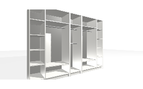 Trijų modulių spintos miegamajam – pritaikomos spintos sprendimai. Modulis 1: individuali spinta. Korpusas yra su nuleistais šonais. Viduje yra pasirinktinės padėties vertikali pertvara. Kairiojoje pusėje reguliuojamos lentynos...